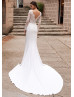 Long Sleeve Boat Neck Ivory Satin Lace Wedding Dress